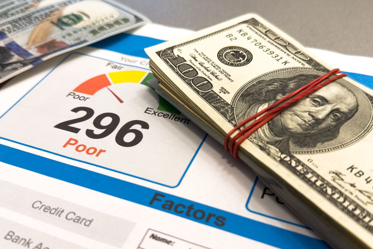 Low credit score and stack of cash