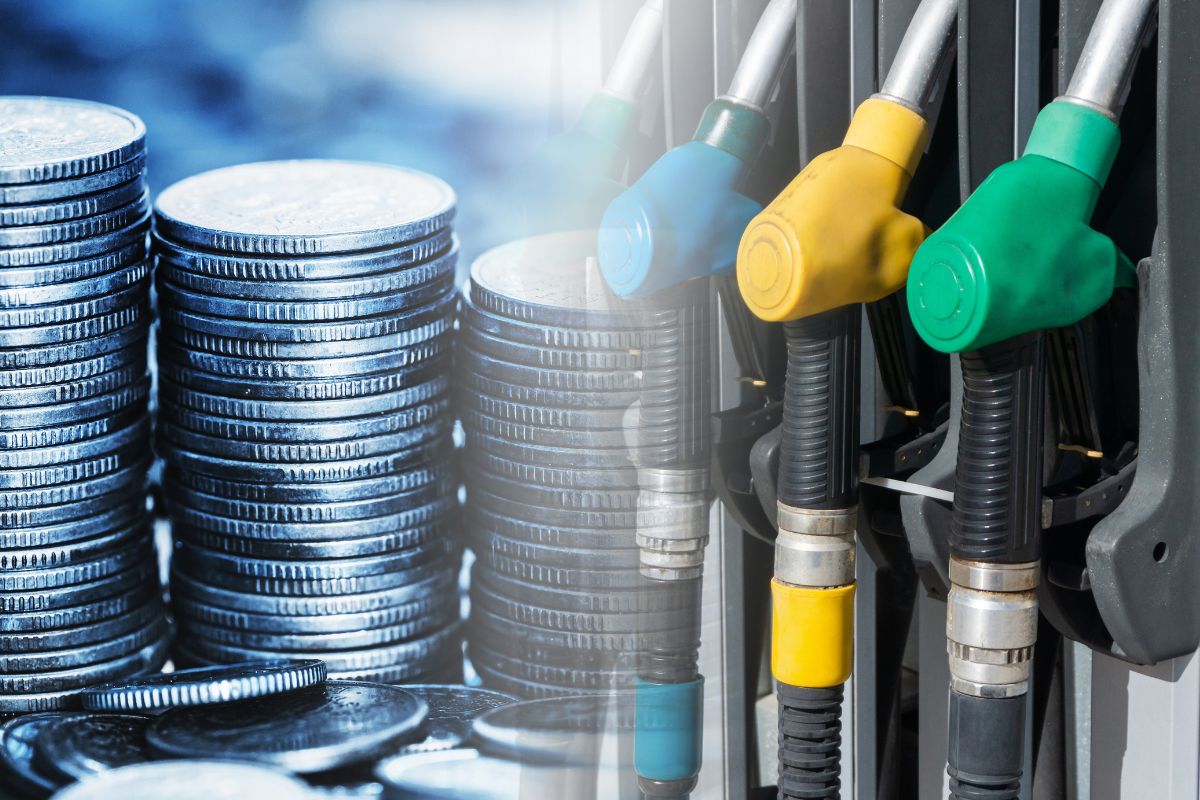 coins and split screen of gas pumps