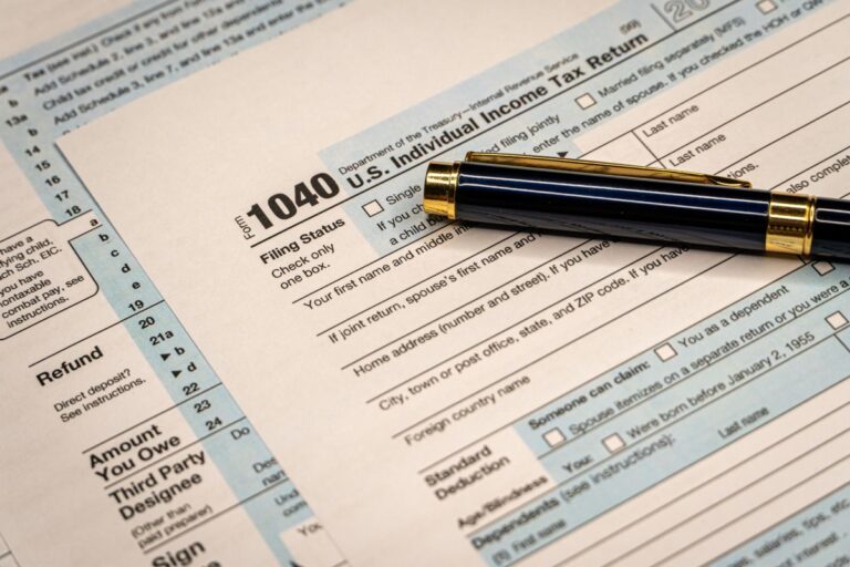 tax forms and a pen