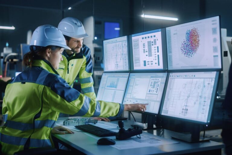 technology workers at computers with work gear on and helmets