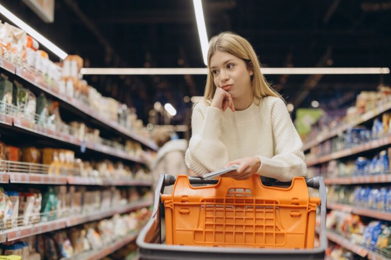 woman grocery shopping looks annoyed