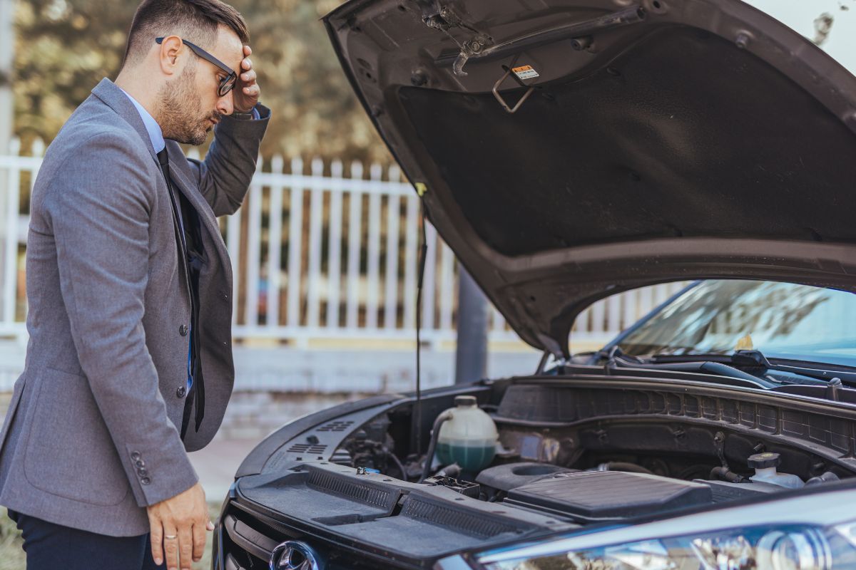 Man dressed in business wear looking under the hood of his car