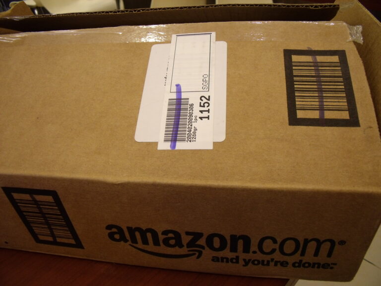 A cardboard Amazon shipping box