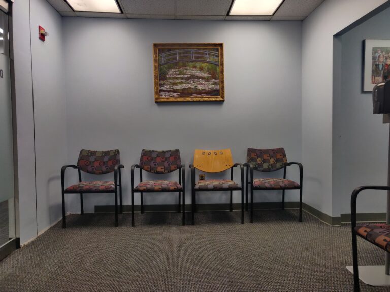 Empty chairs in a doctor's office waiting room