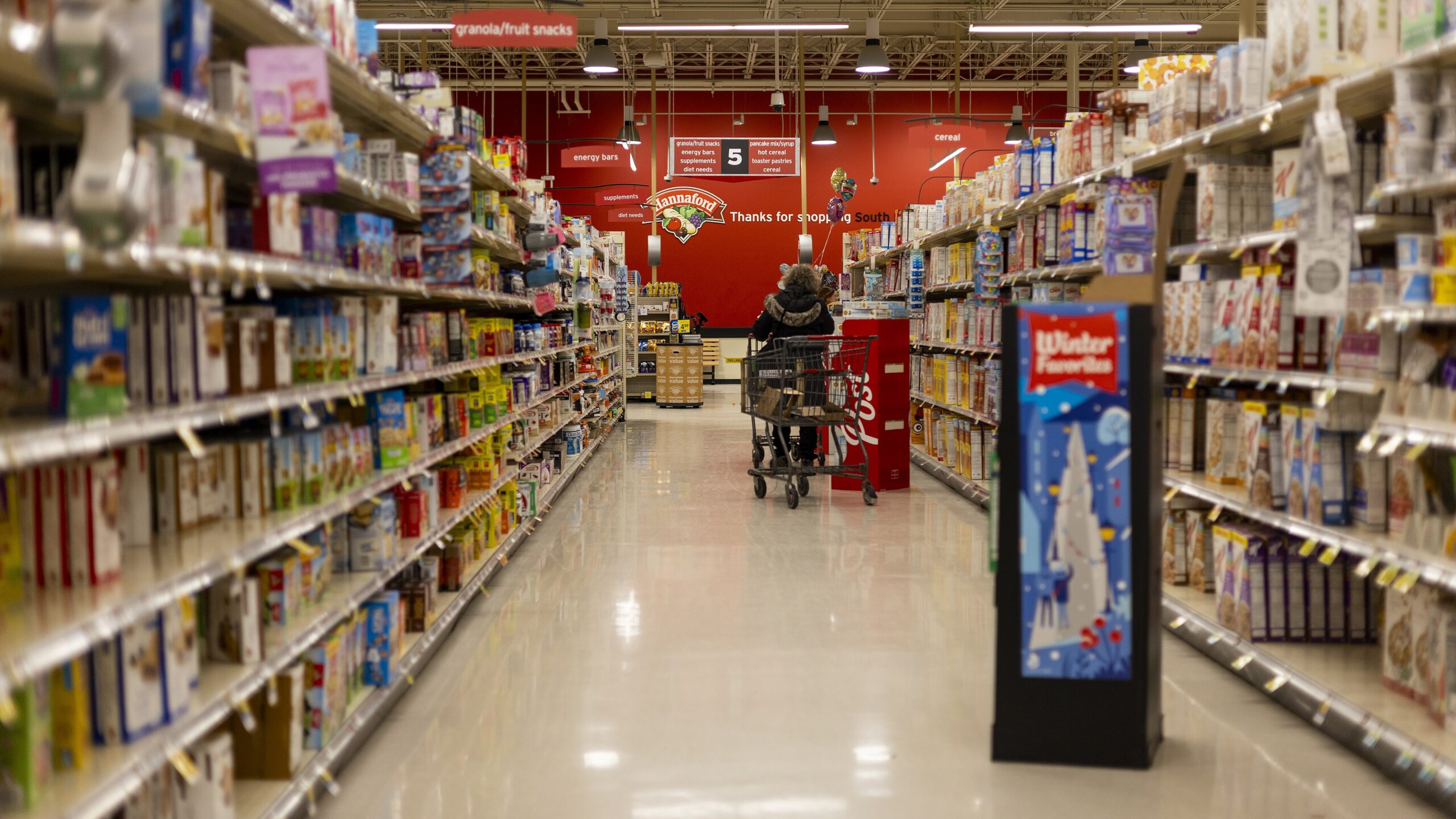 Shelves of packaged food along an aisle in a Vermont grocery store