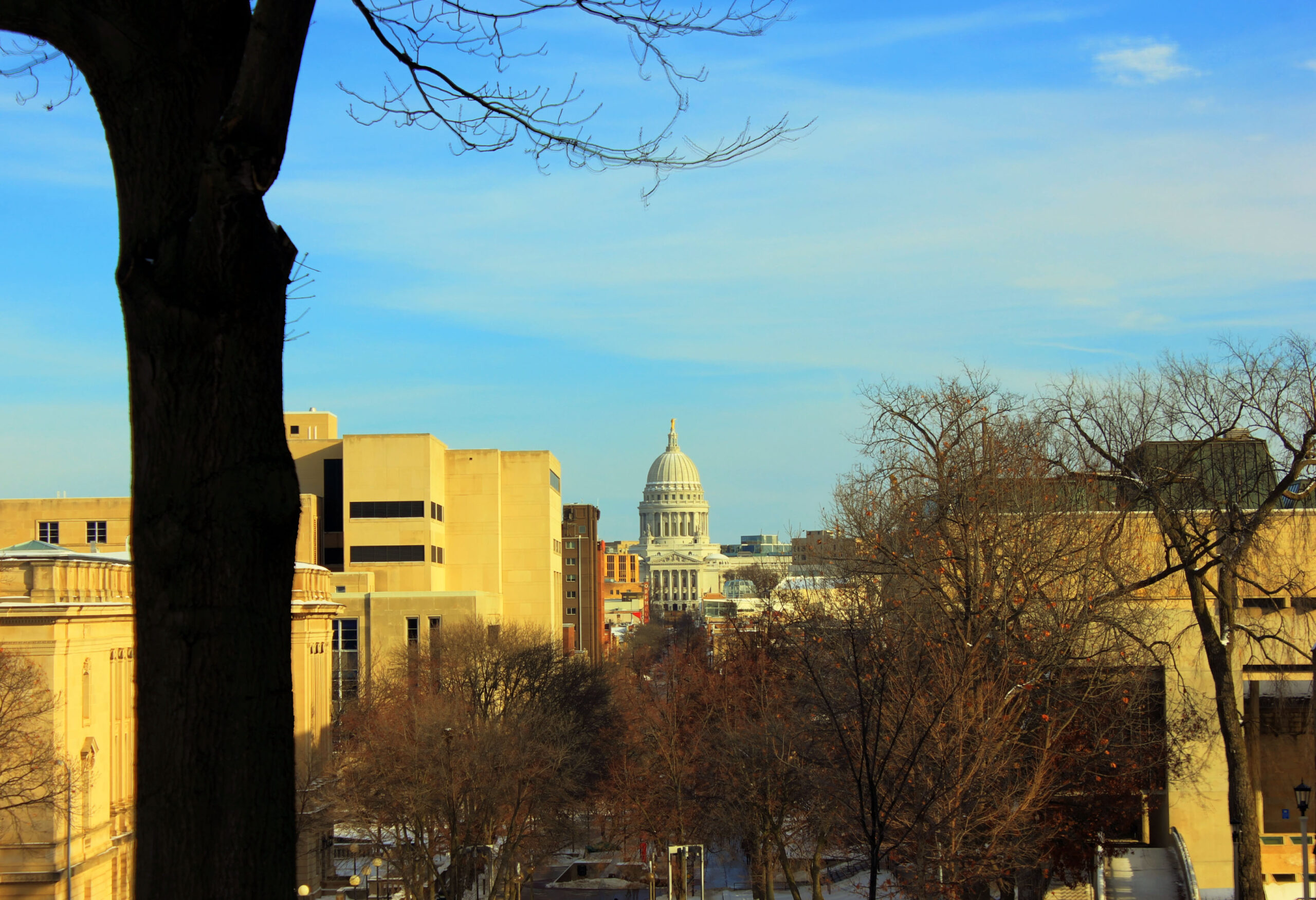 The Wisconsin State Capitol in Madison surrounded by snow in winter